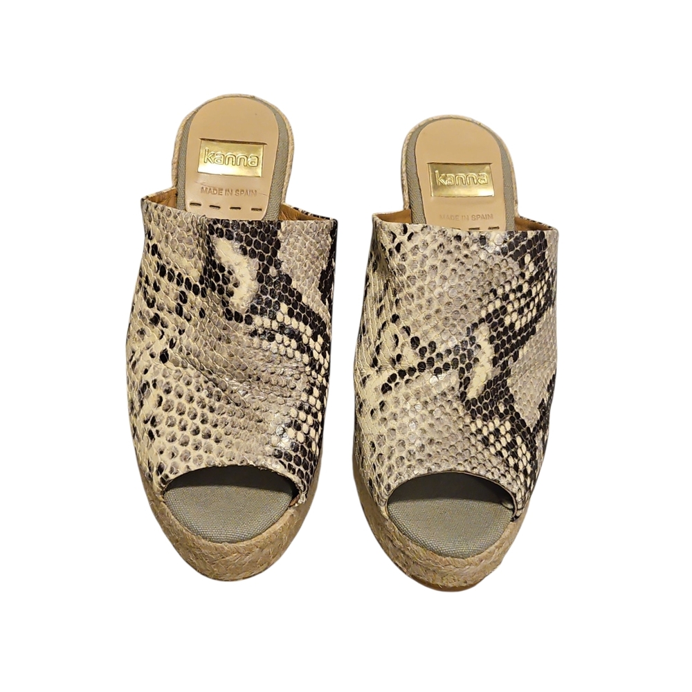Kanna Tan/Black Snakeskin Print Wedge Sandals - Picture 2 of 7